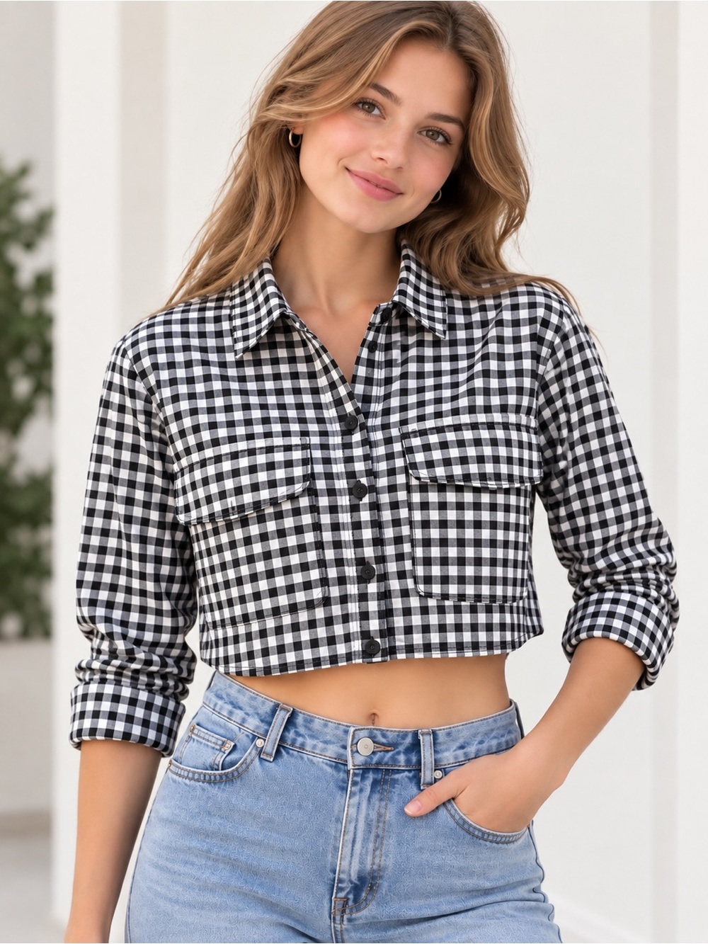 Abercrombie & Fitch Black and White Gingham Cropped Button Shirt